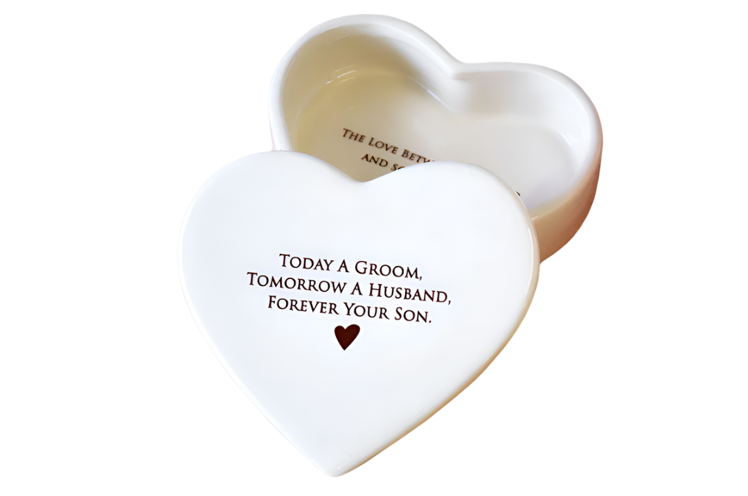 Unique Mother of the Groom Gift - Heart Shaped Keepsake Box - Today a Groom, Tomorrow a Husband, Forever Your Son