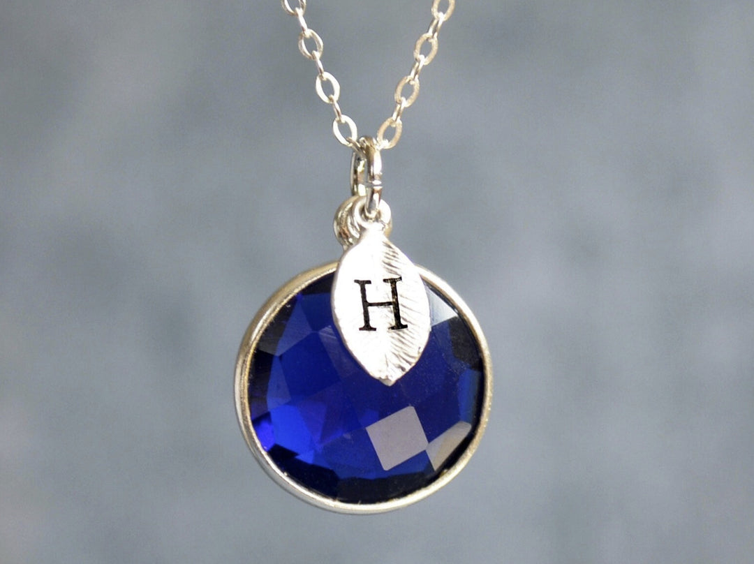 School Colors: Blue & White Jewelry, Sapphire on Sterling Silver Chain w/ Initial Charm, College or High School Spirit; Graduation