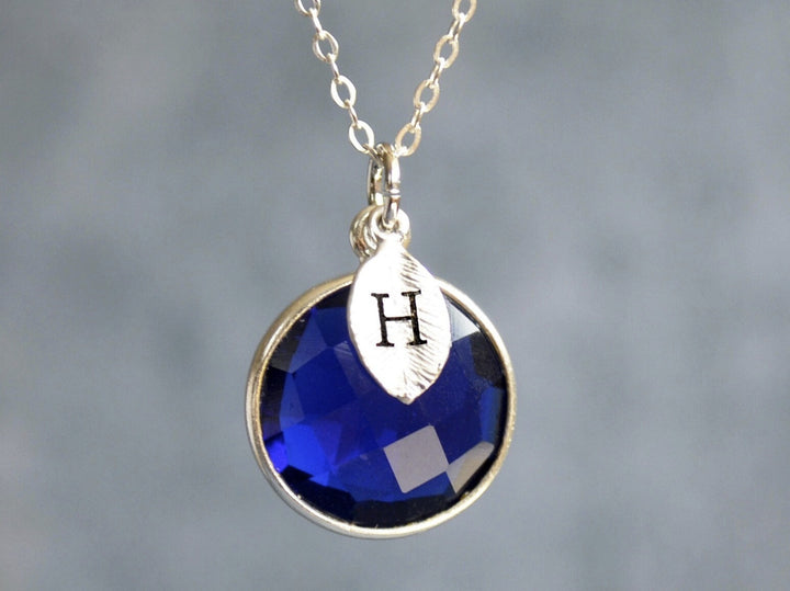 School Colors: Blue & White Jewelry, Sapphire on Sterling Silver Chain w/ Initial Charm, College or High School Spirit; Graduation