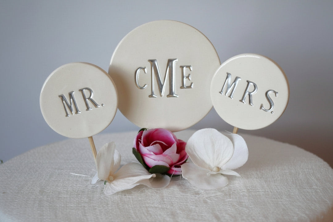 Monogrammed Wedding Cake Topper with Initials and Mr. & Mrs. toppers