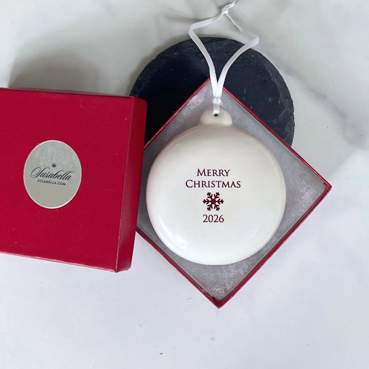 2026 Merry Christmas, White Ceramic Holiday Bulb Ornament, 3 in.