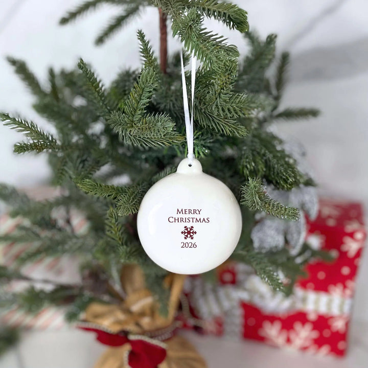 2026 Merry Christmas, White Ceramic Holiday Bulb Ornament, 3 in.