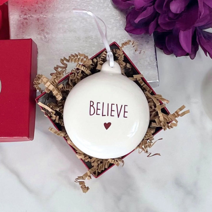 Ceramic BELIEVE Ornament - Bulb Button Bauble - White - Heart - Faith - Team Spirit