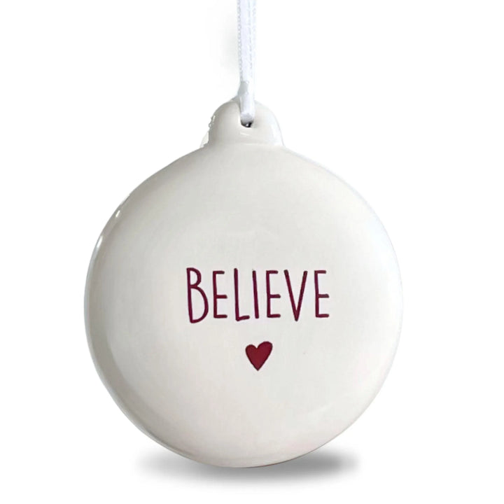 Ceramic BELIEVE Ornament - Bulb Button Bauble - White - Heart - Faith - Team Spirit