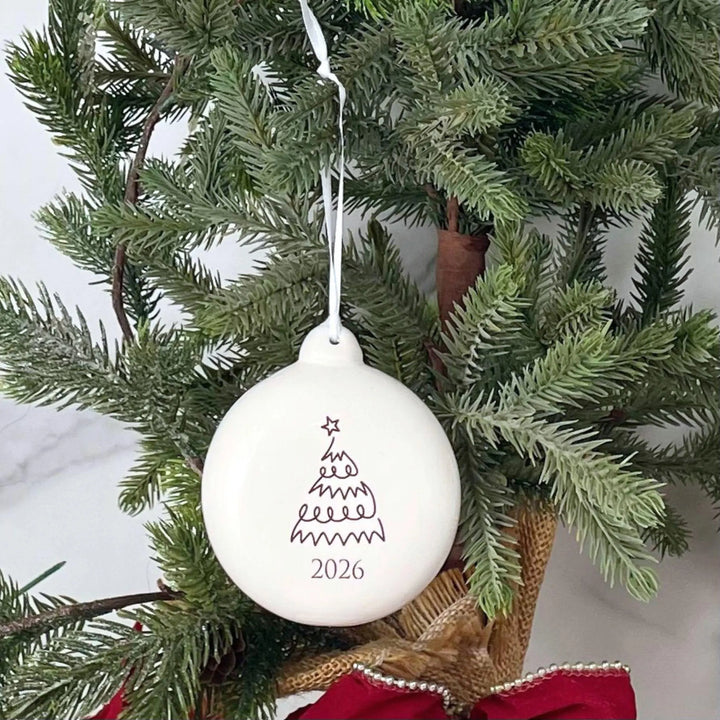 2026 Christmas Ornament, "Hand Drawn" Tree Ceramic Bulb, Sepia Holiday Keepsake, 3 Inch