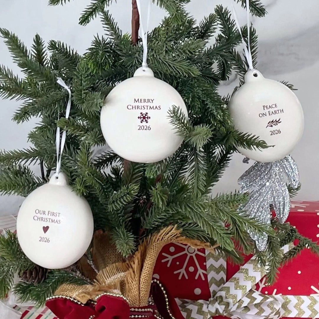 2026 Merry Christmas, White Ceramic Holiday Bulb Ornament, 3 in.