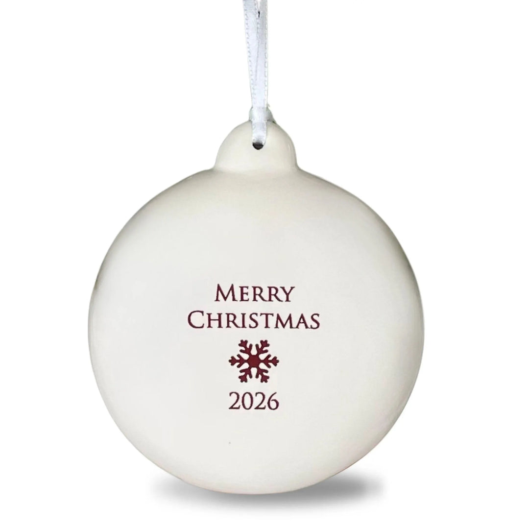 2026 Merry Christmas, White Ceramic Holiday Bulb Ornament, 3 in.