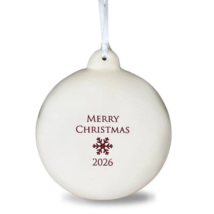 2026 Merry Christmas, White Ceramic Holiday Bulb Ornament, 3 in.