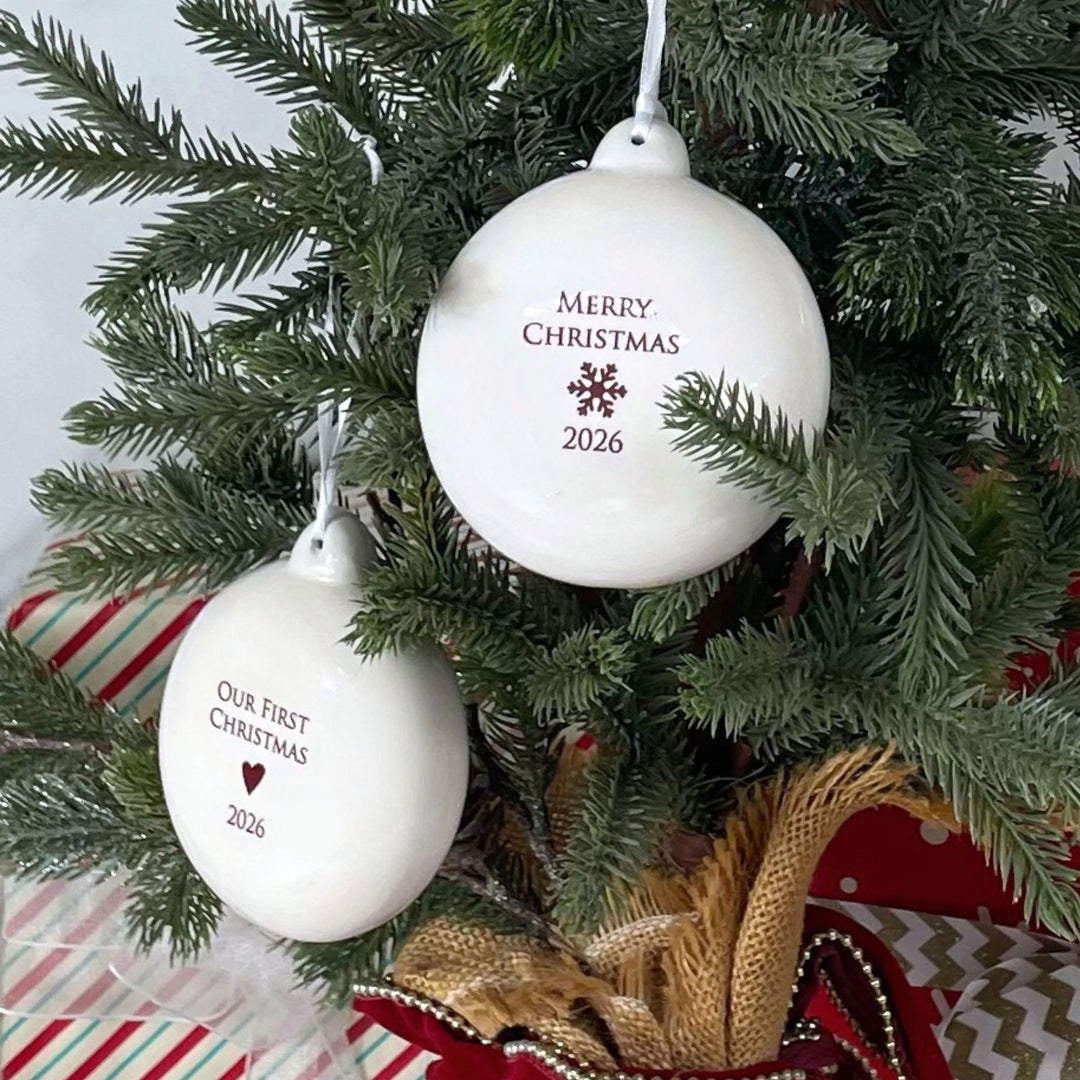 2026 Merry Christmas, White Ceramic Holiday Bulb Ornament, 3 in.