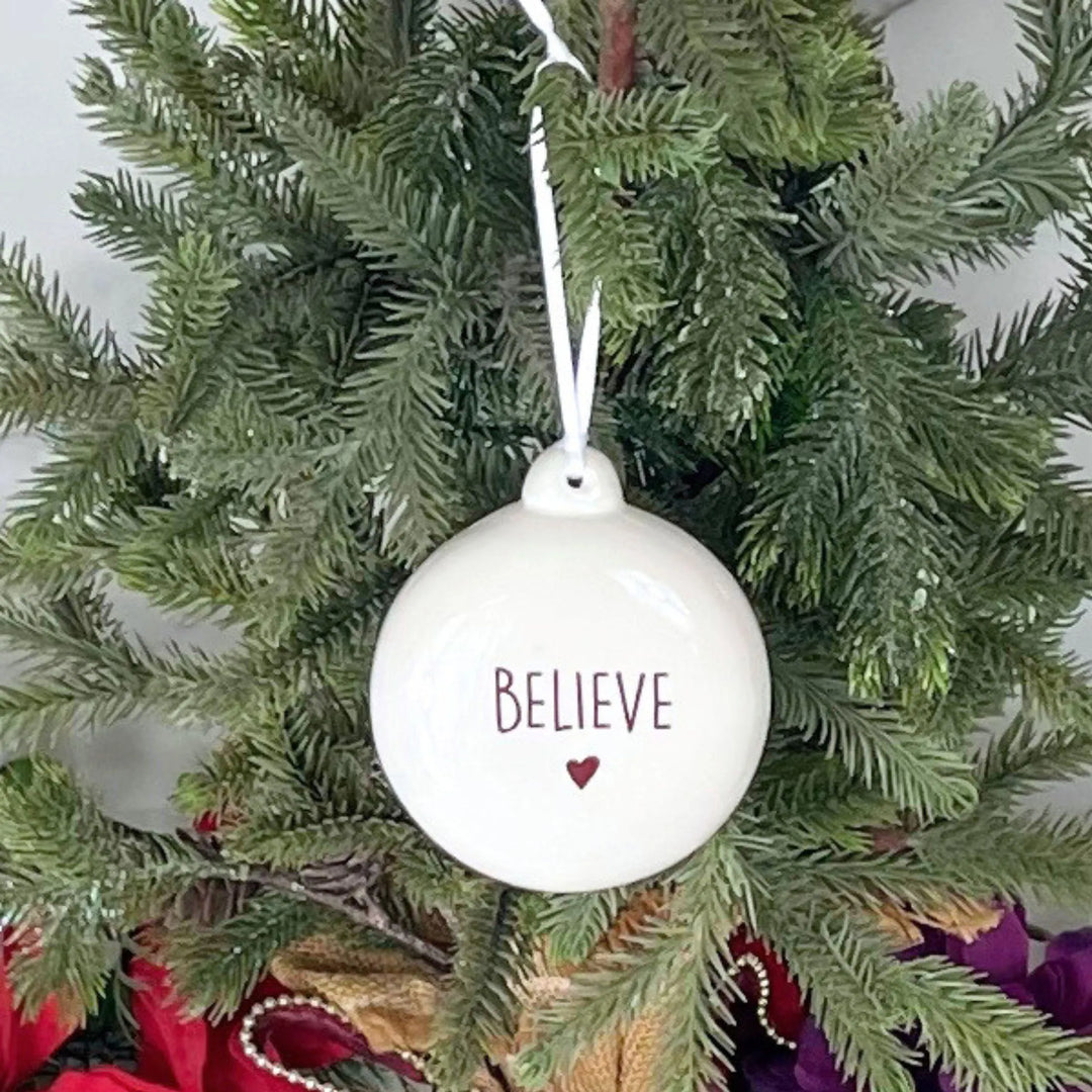 Ceramic BELIEVE Ornament - Bulb Button Bauble - White - Heart - Faith - Team Spirit
