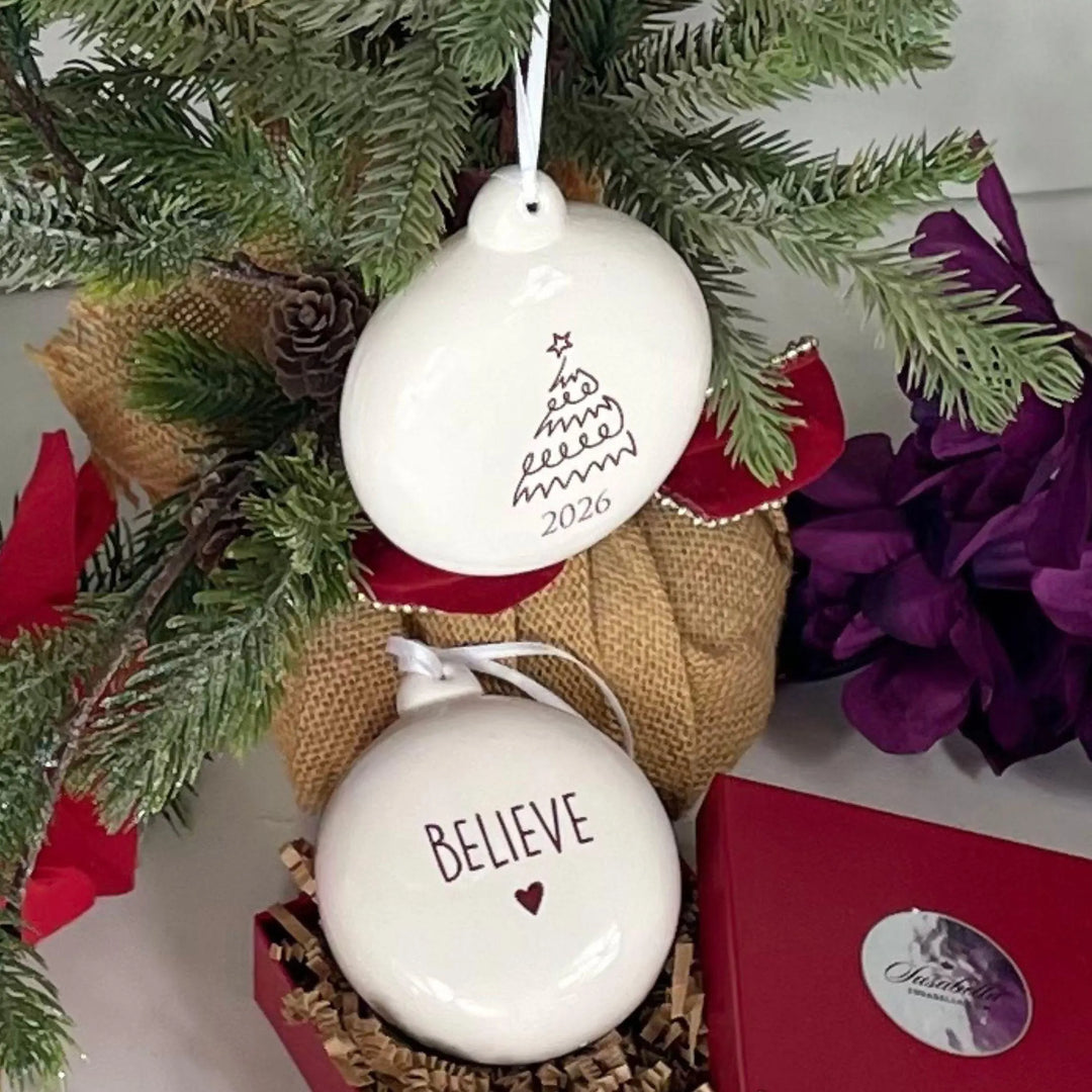 2026 Christmas Ornament, "Hand Drawn" Tree Ceramic Bulb, Sepia Holiday Keepsake, 3 Inch