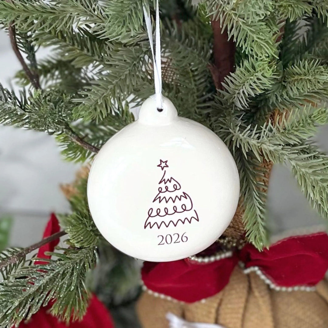 2026 Christmas Ornament, "Hand Drawn" Tree Ceramic Bulb, Sepia Holiday Keepsake, 3 Inch