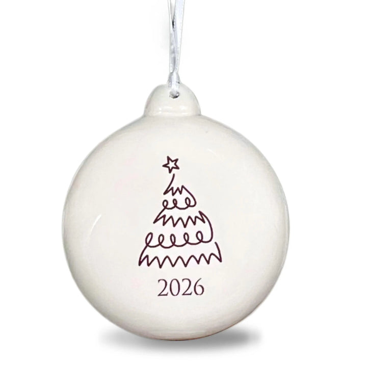 2026 Christmas Ornament, "Hand Drawn" Tree Ceramic Bulb, Sepia Holiday Keepsake, 3 Inch