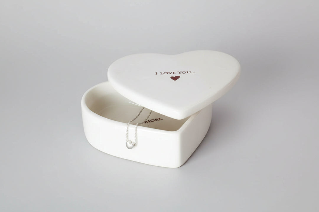 Heart-shaped jewelry box with 'I LOVE YOU' inscription