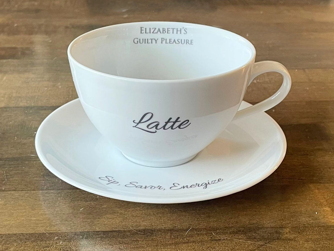 Personalized Latte Cup & Saucer, Porcelain, Cappuccino Cup, Coffee Mug, Coffee Lover Gift,  Custom Text, Wedding Gift, Macchiato, Barista