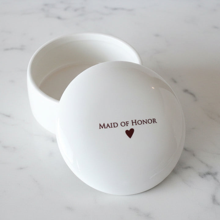 White jewelry box with 'Maid of Honor' on lid