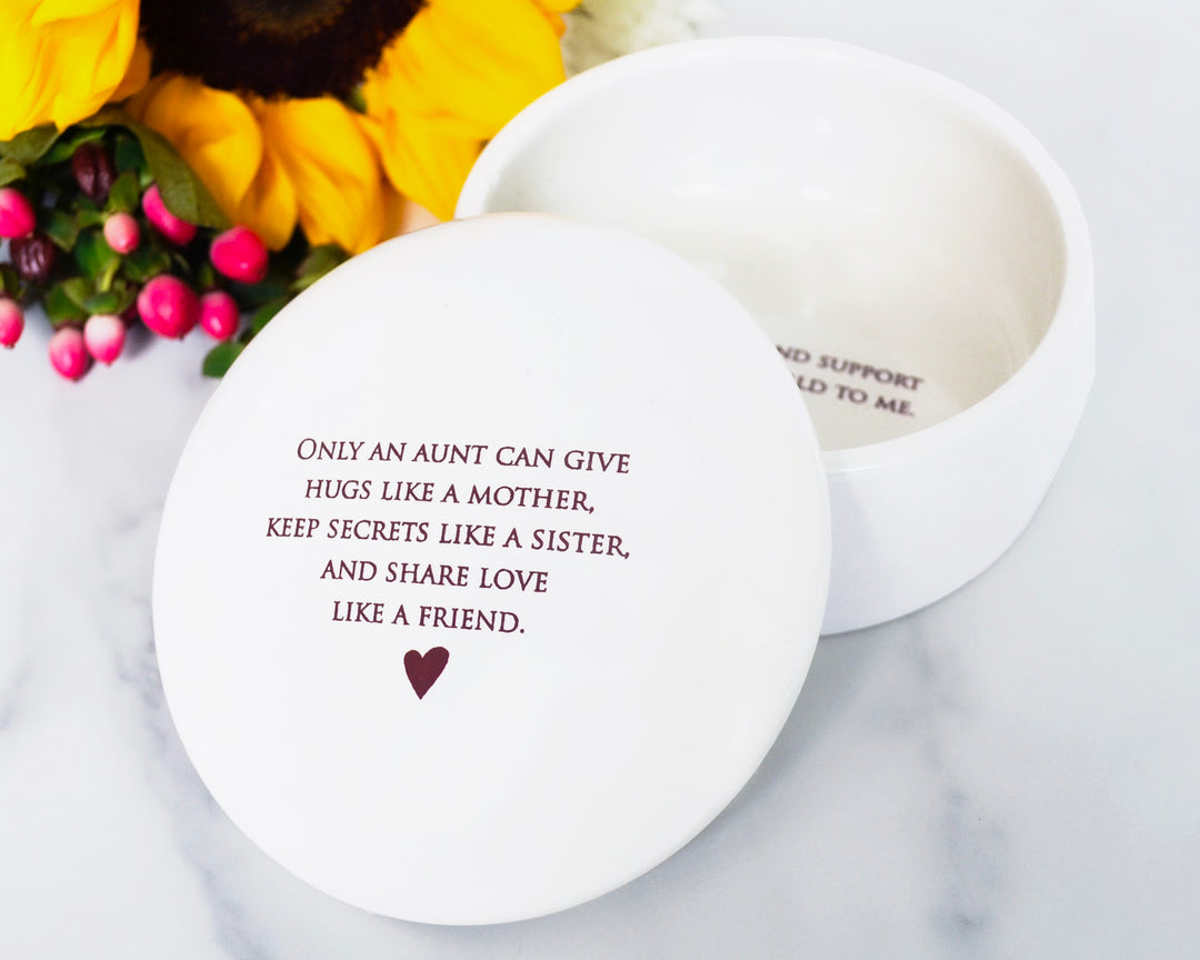 Unique Aunt Gift - Round Keepsake Box - Add Custom Text - Only an aunt can give hugs like a mother keep secrets like a sister ...