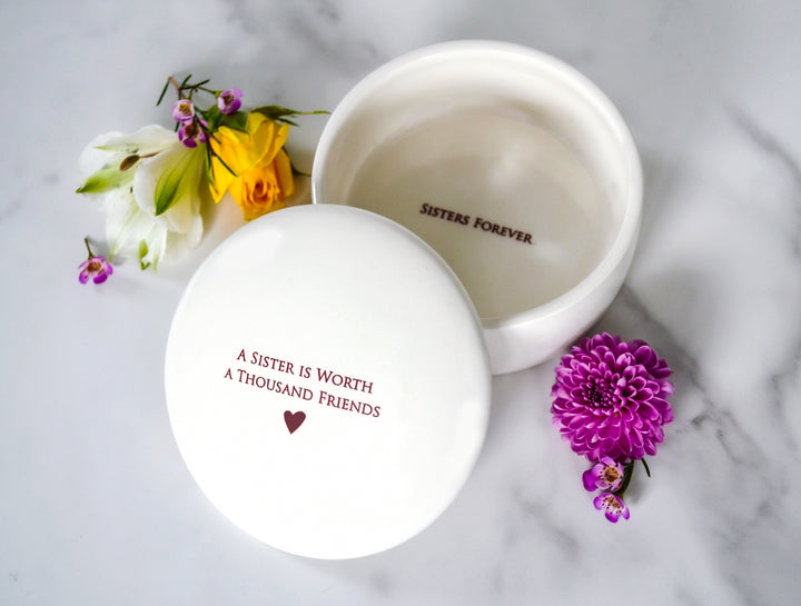 Unique Sister Gift - A Sister is Worth a Thousand Friends - ADD CUSTOM TEXT - Round Ceramic Keepsake Box