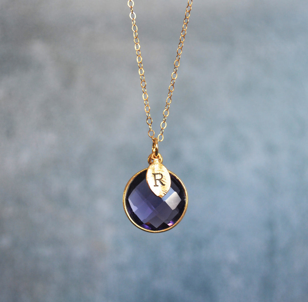School Colors Jewelry: Purple & Gold, Round Pendent on a 18k Gold Chain w/ Initial Charm, College or High School Spirit; Graduation