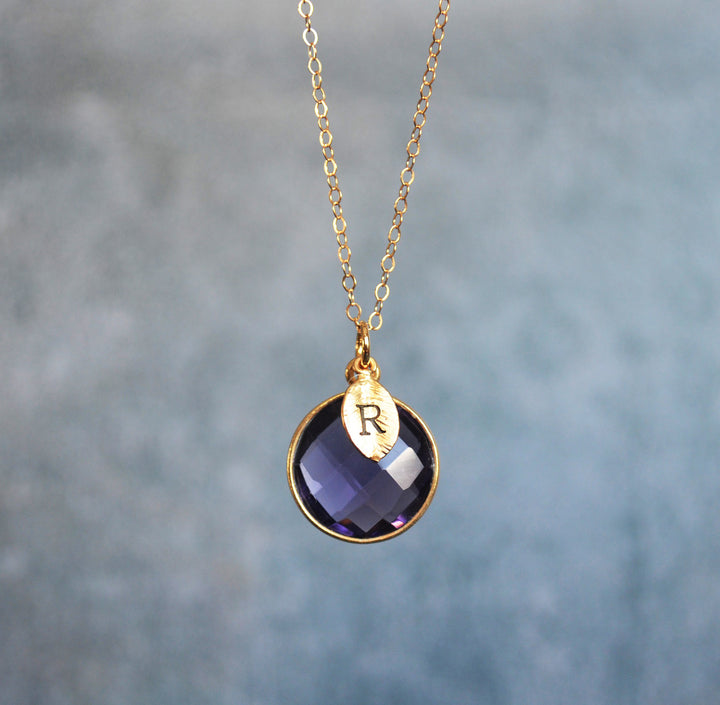 School Colors Jewelry: Purple & Gold, Round Pendent on a 18k Gold Chain w/ Initial Charm, College or High School Spirit; Graduation