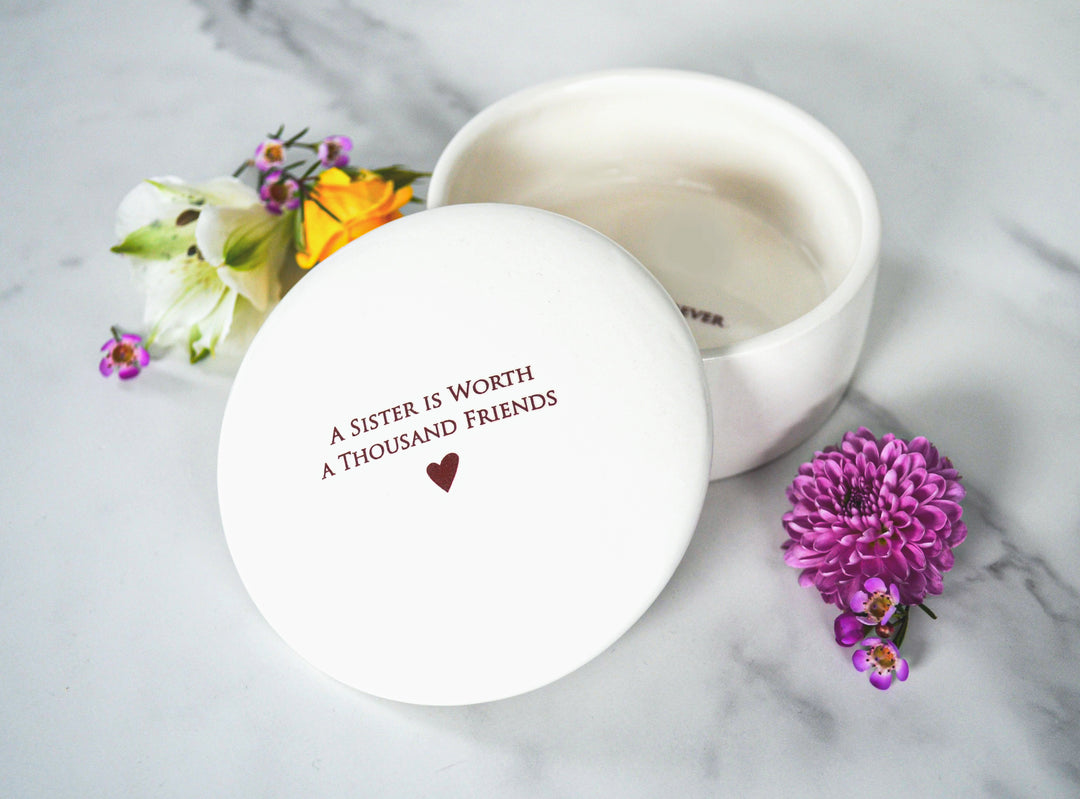 Sister Gift - READY TO SHIP - A Sister is Worth a Thousand Friends - Round Ceramic Keepsake Box