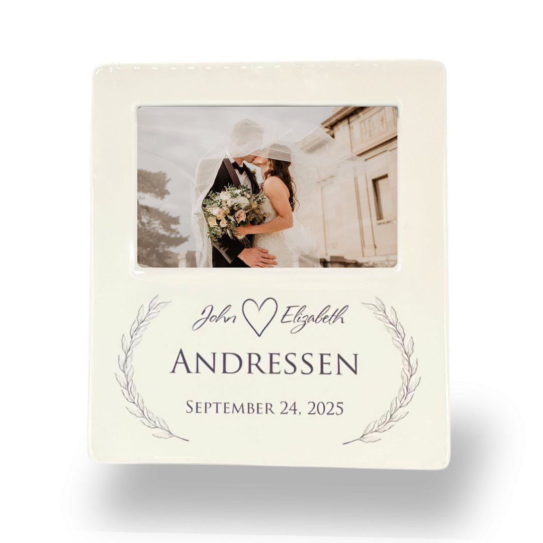 Personalized Wedding Picture Frame – Ceramic, Names & Date, Laurels, Holds a 6x4 Inch Photo