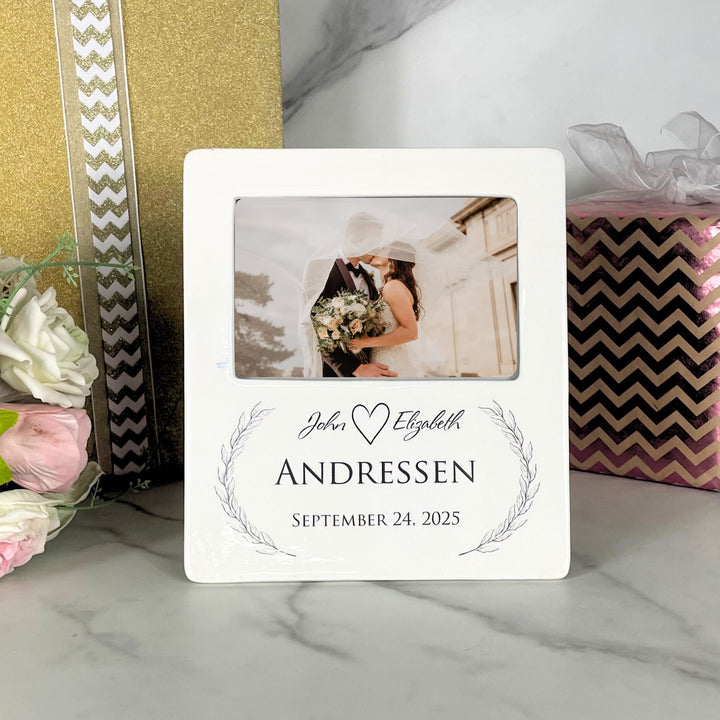 Personalized Wedding Picture Frame – Ceramic, Names & Date, Laurels, Holds a 6x4 Inch Photo