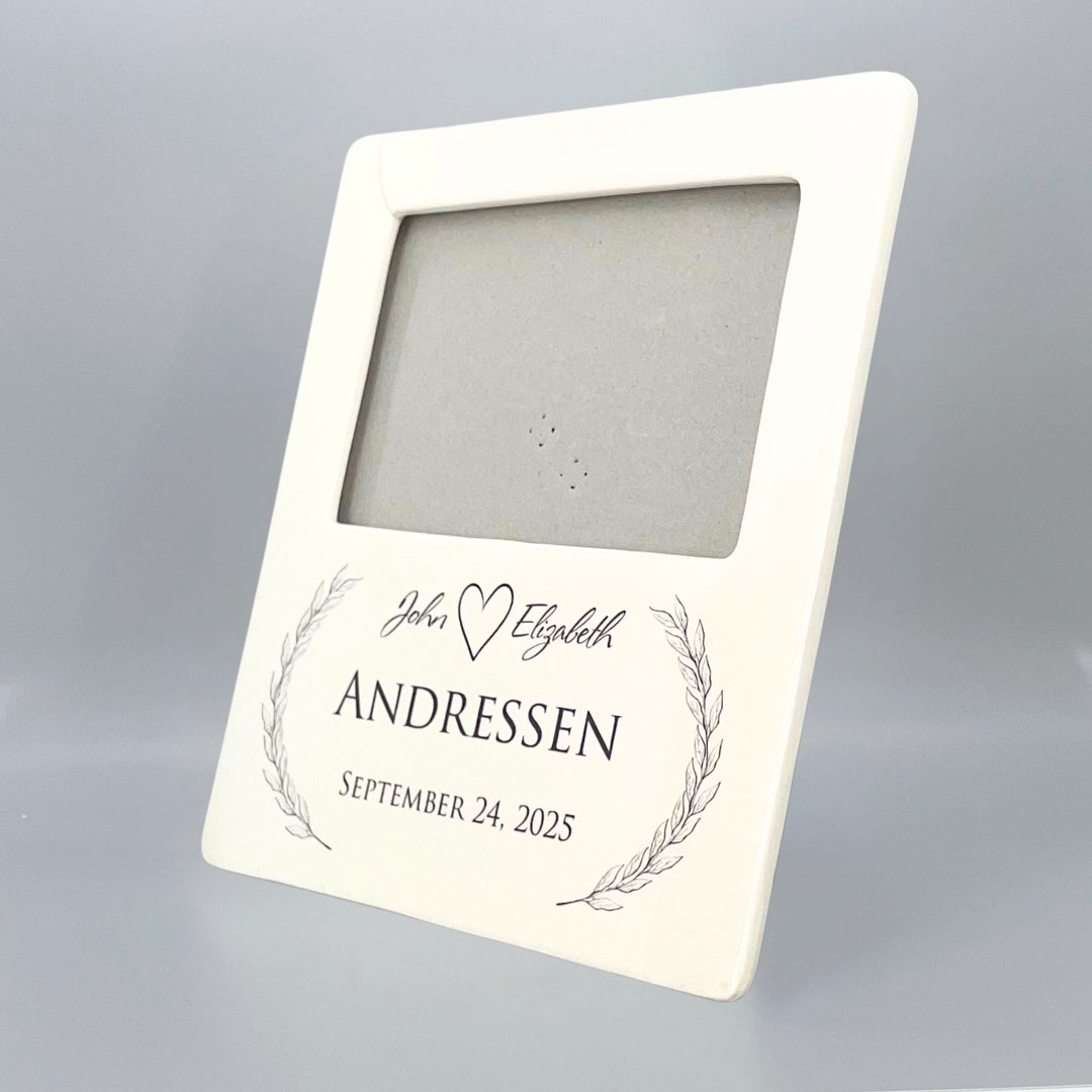Personalized Wedding Picture Frame – Ceramic, Names & Date, Laurels, Holds a 6x4 Inch Photo