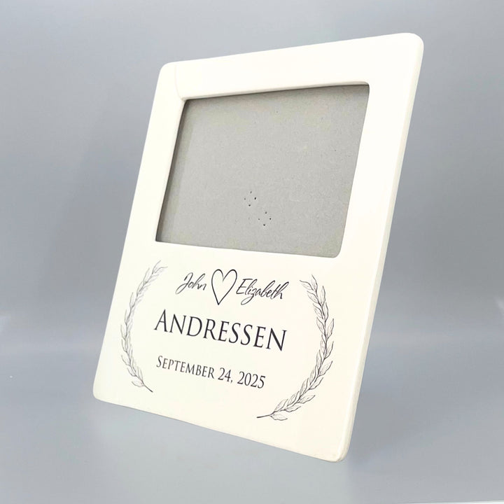 Personalized Wedding Picture Frame – Ceramic, Names & Date, Laurels, Holds a 6x4 Inch Photo