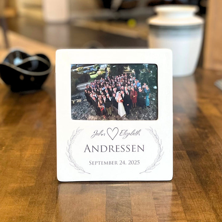 Personalized Wedding Picture Frame – Ceramic, Names & Date, Laurels, Holds a 6x4 Inch Photo