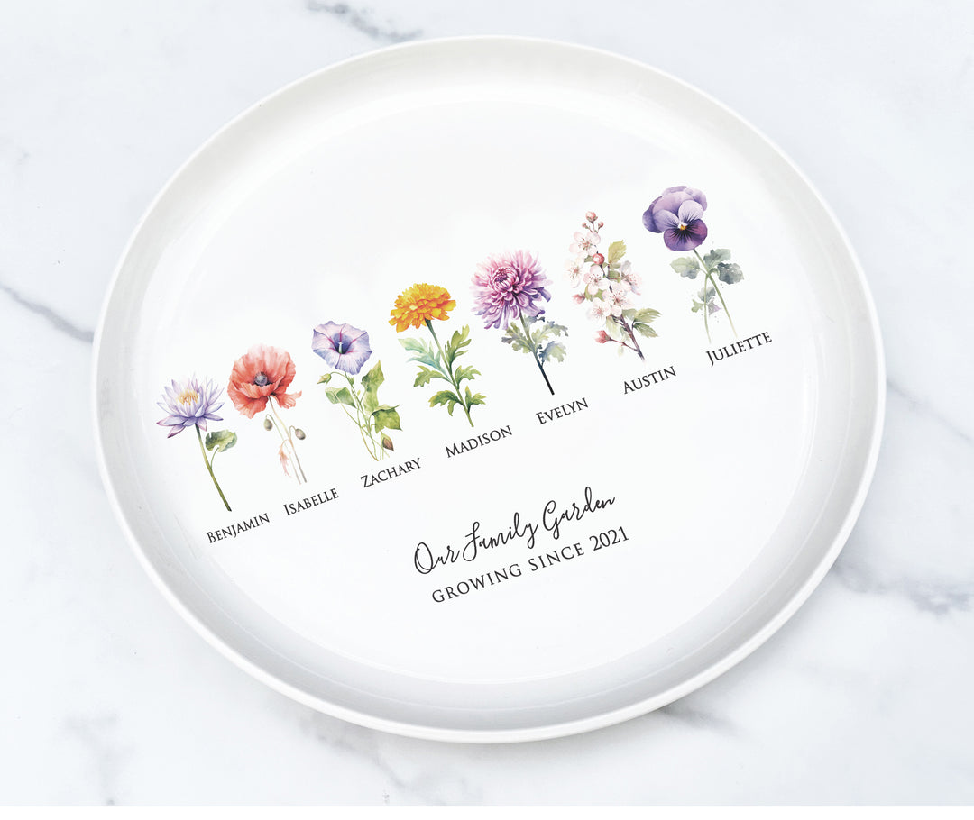 Garden of Love Flower Platter, Color Birth Flower, Round Family Garden Ceramic Tray