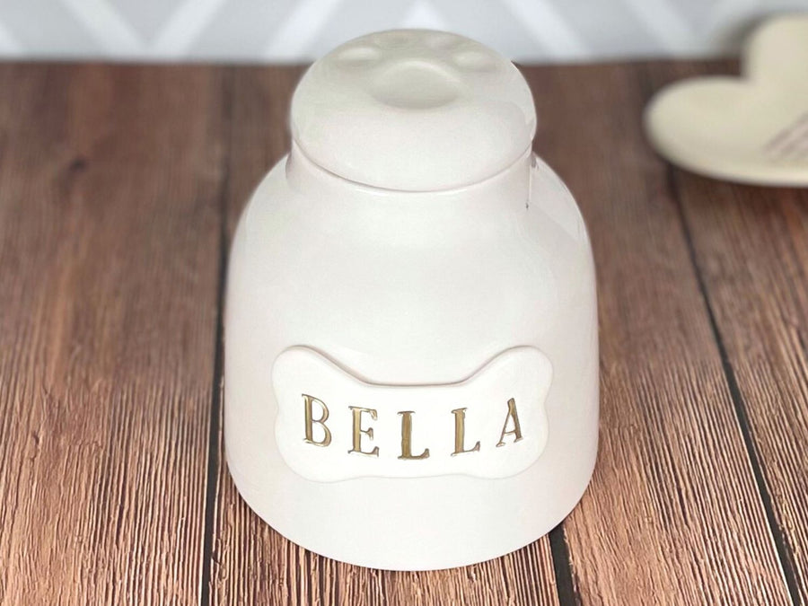 pet urn with stamped personalized bone time