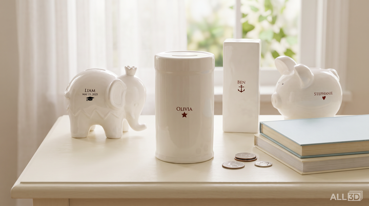 A set of white ceramic money boxes and piggy banks styled on a light-colored table in front of a softly blurred window. The set includes a pig-shaped piggy bank, a elephant-shaped piggy bank, a cylindrical canister, and a rectangular box, with two books and a few coins as props.