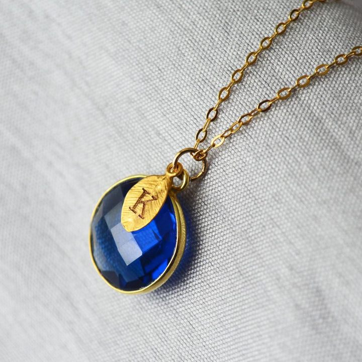School Colors Jewelry: Blue & Gold; Sapphire Blue Pendent on a 18k Gold Chain w/ Initial Charm; College or High School Spirit; Graduation