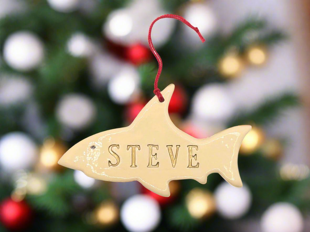 handmade shark ornament with custom name stamped