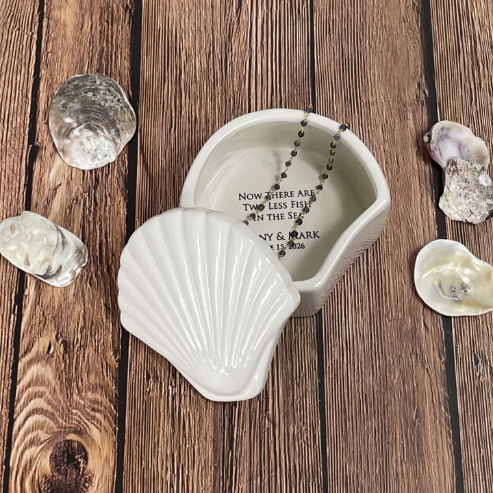 Personalized Engagement Gift "Two Less Fish..." Keepsake Box, Beach Wedding, Scallop Shell-Shaped