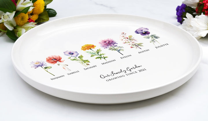 Garden of Love Flower Platter, Color Birth Flower, Round Family Garden Ceramic Tray