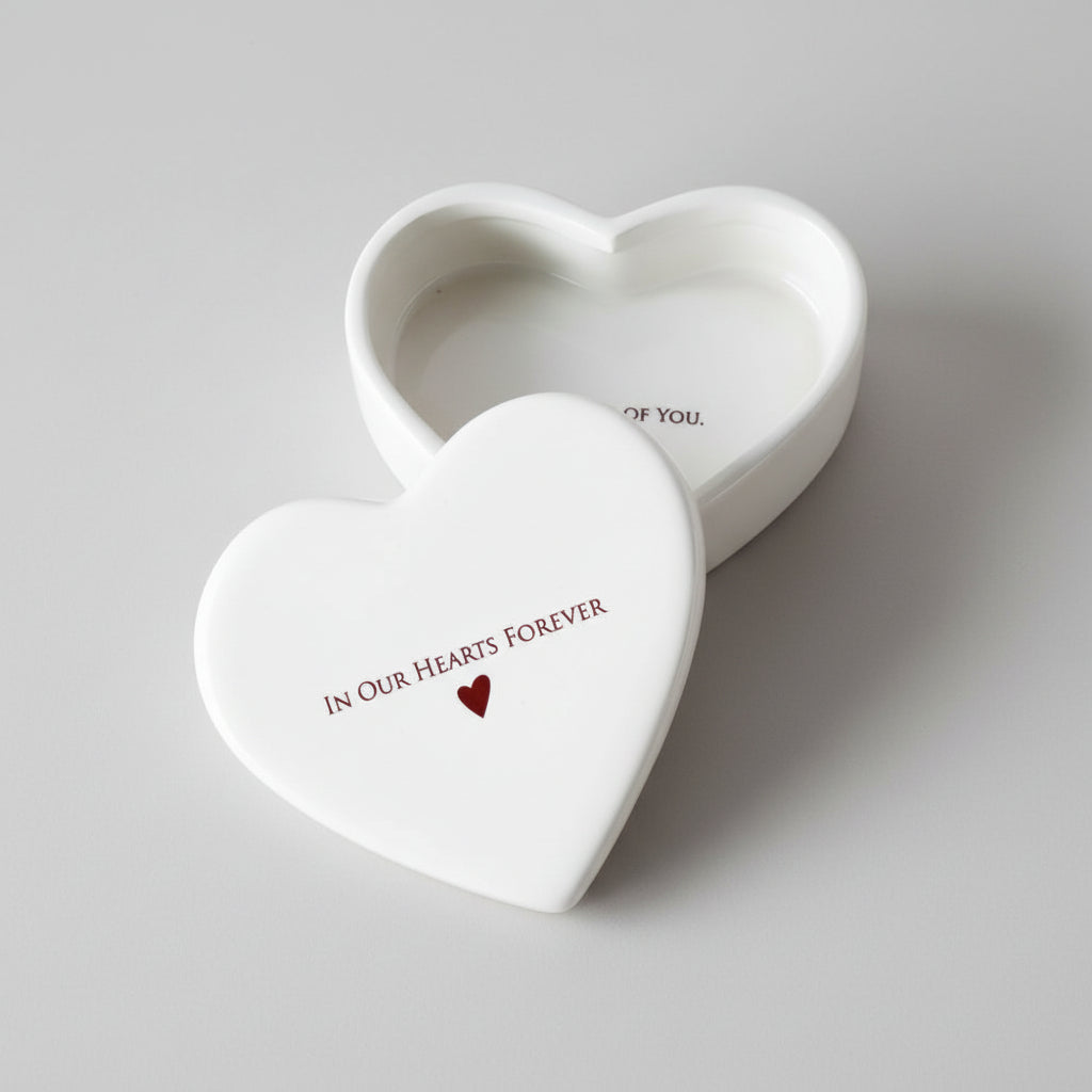 Sympathy Gift - In Our Hearts Forever - READY TO SHIP - Heart Shaped Ceramic Keepsake Box