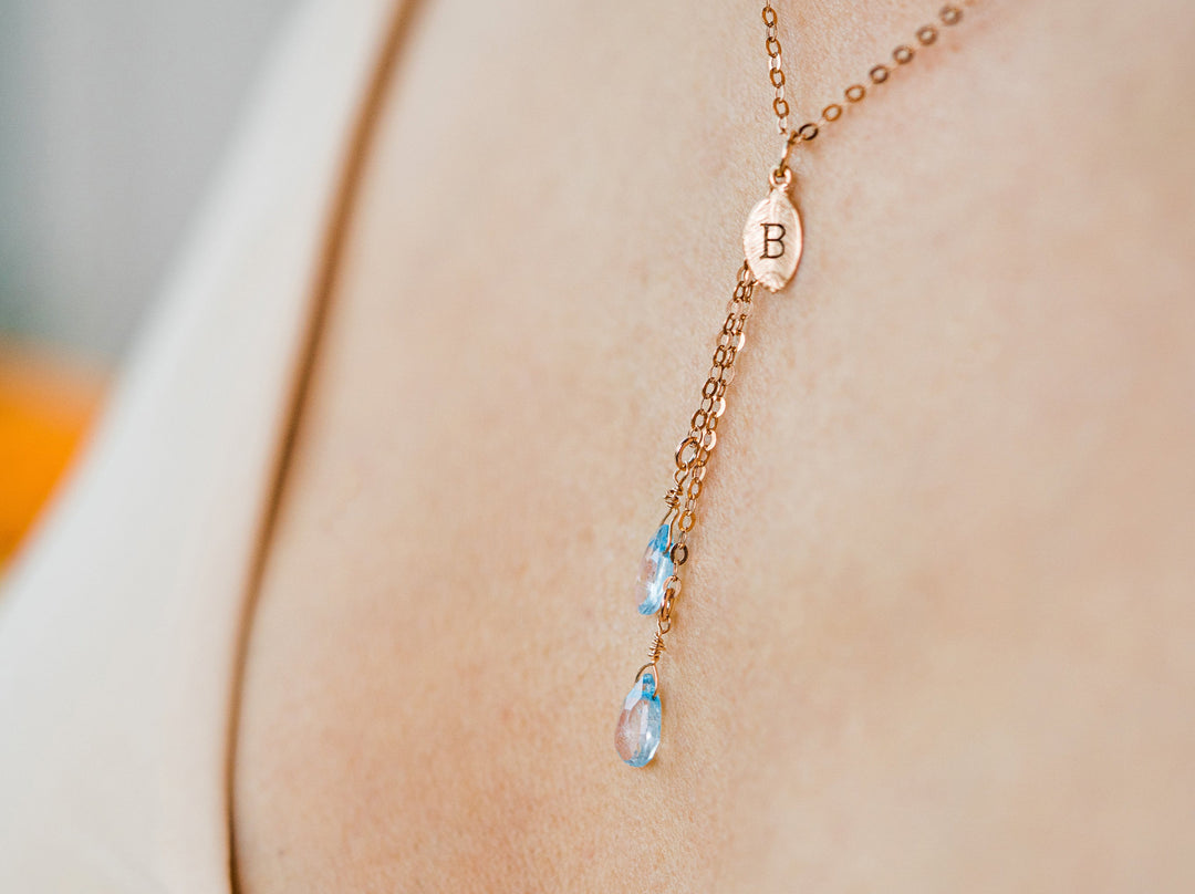 Personalized Blue Topaz Necklace, Dainty Drop December Birthstone