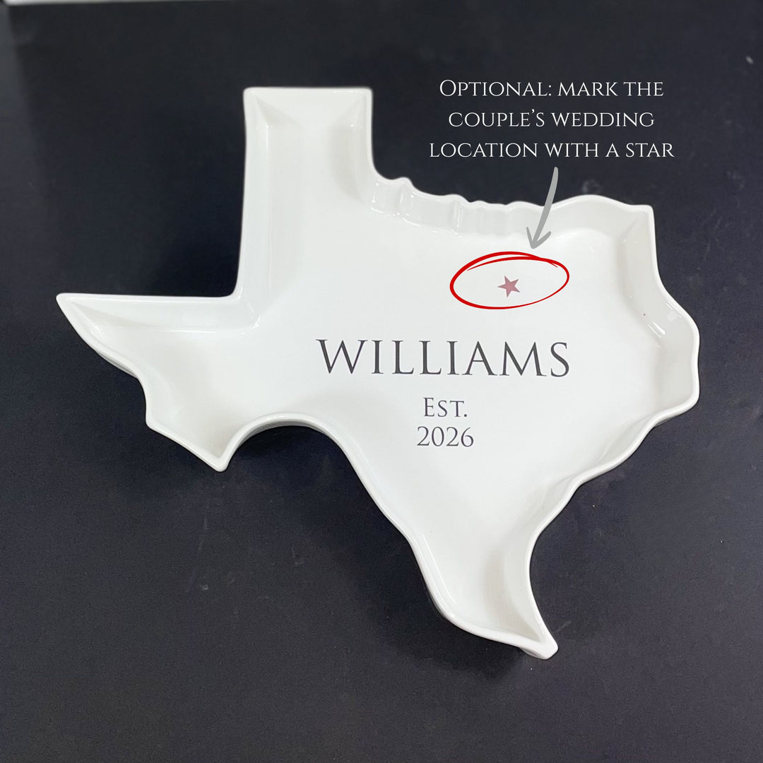White ceramic Texas-shaped serving plate with 'Williams' and 'Est. 2026' text on a black background.