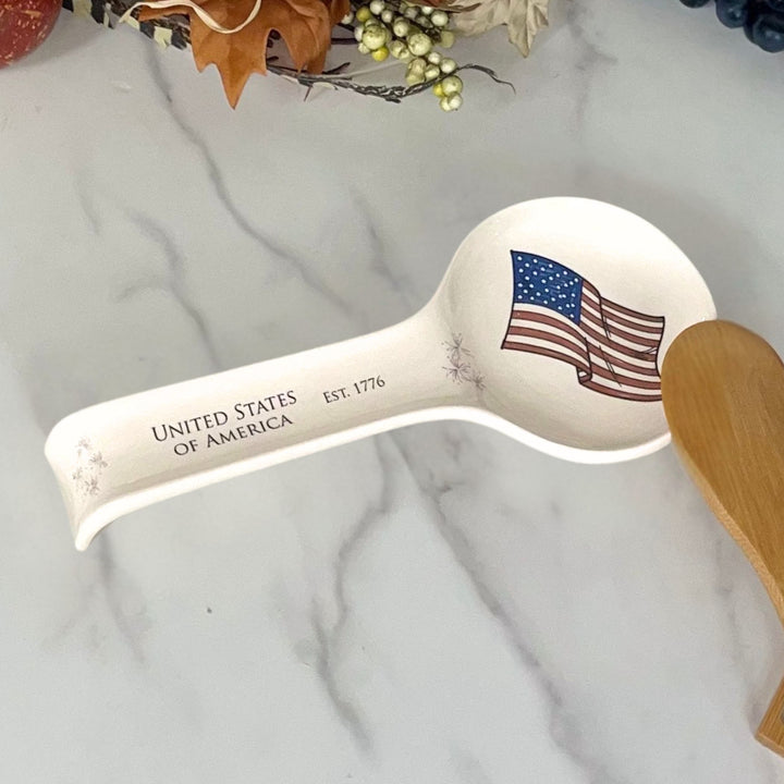 USA Ceramic Spoon Holder, United States of America 250th, Flag & Fireworks, ~11" x 5"