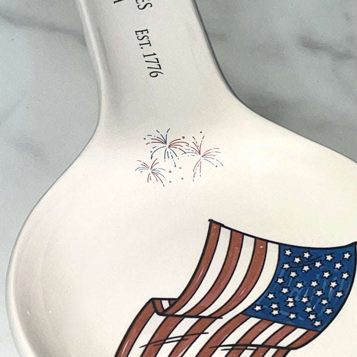 USA Ceramic Spoon Holder, United States of America 250th, Flag & Fireworks, ~11" x 5"