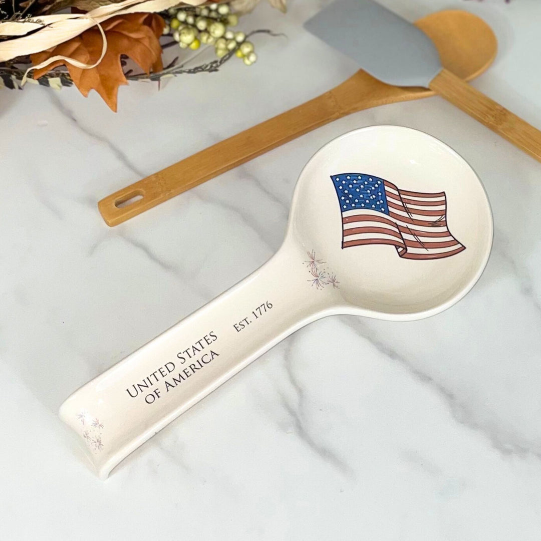 USA Ceramic Spoon Holder, United States of America 250th, Flag & Fireworks, ~11" x 5"