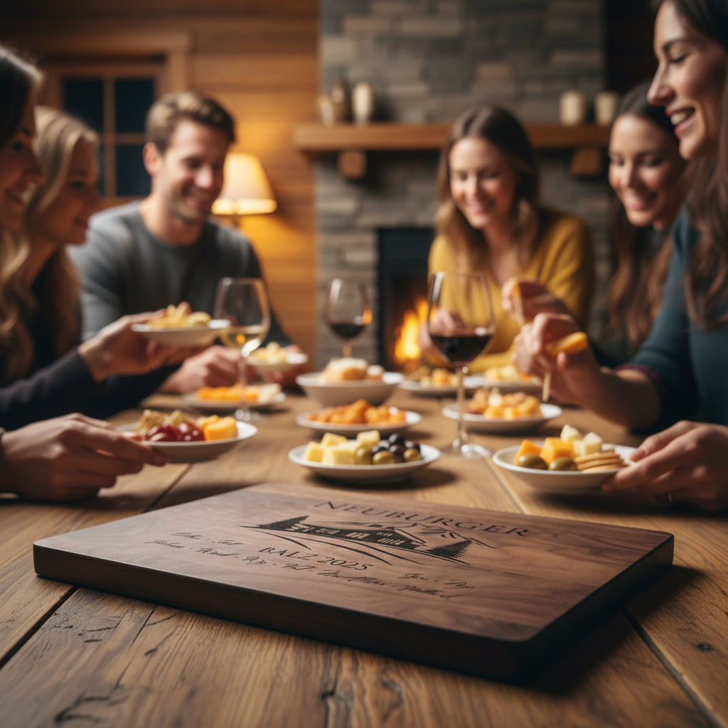 Wooden cutting board with engraved cabin design and text on a dinner table