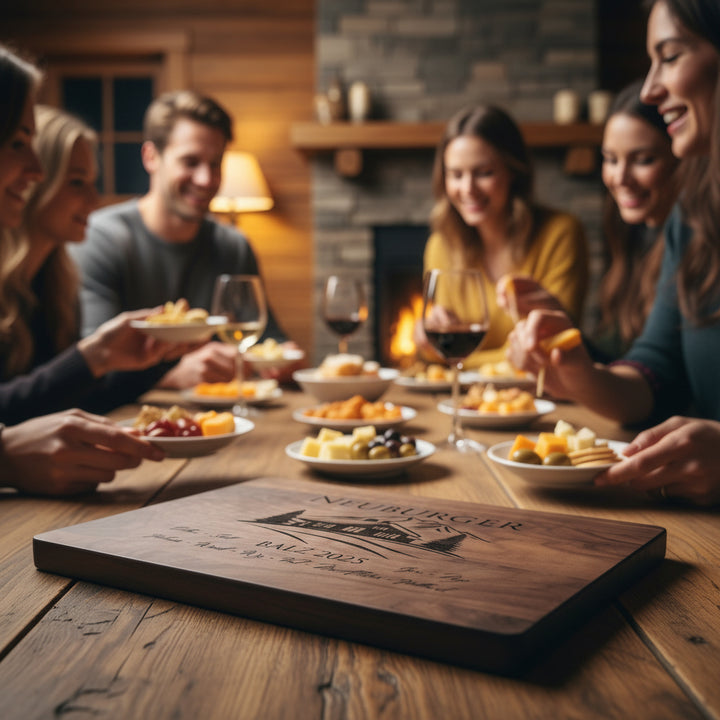 Wooden cutting board with engraved cabin design and text on a dinner table