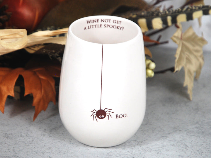 Wine Glass | Halloween | Boo | Wine Not Get A Little Spooky? | Stemless | Ceramic | Spider