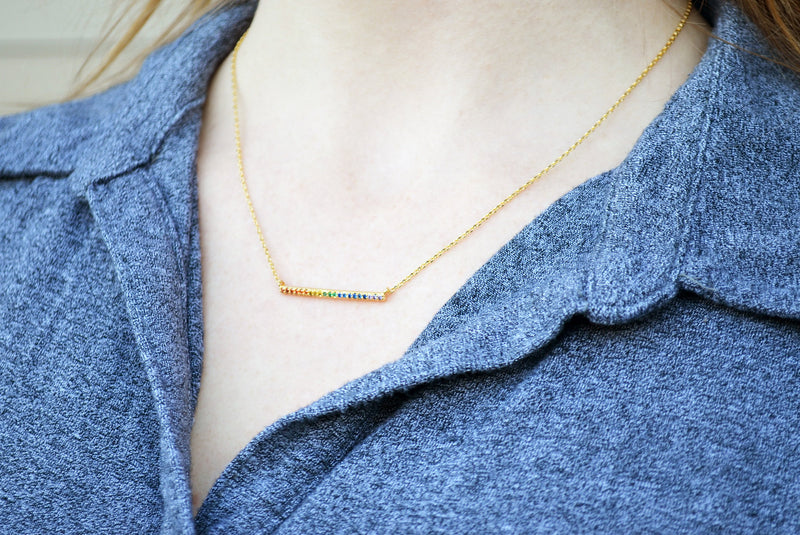 16K Rainbow Bar Pendant, LGBT Rainbow Necklace, Layering Necklace