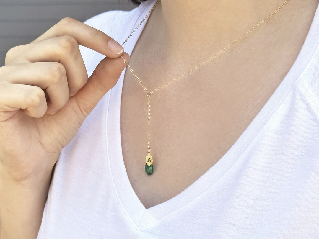 Dainty Personalized Green Onyx Drop Necklace with Custom Initial