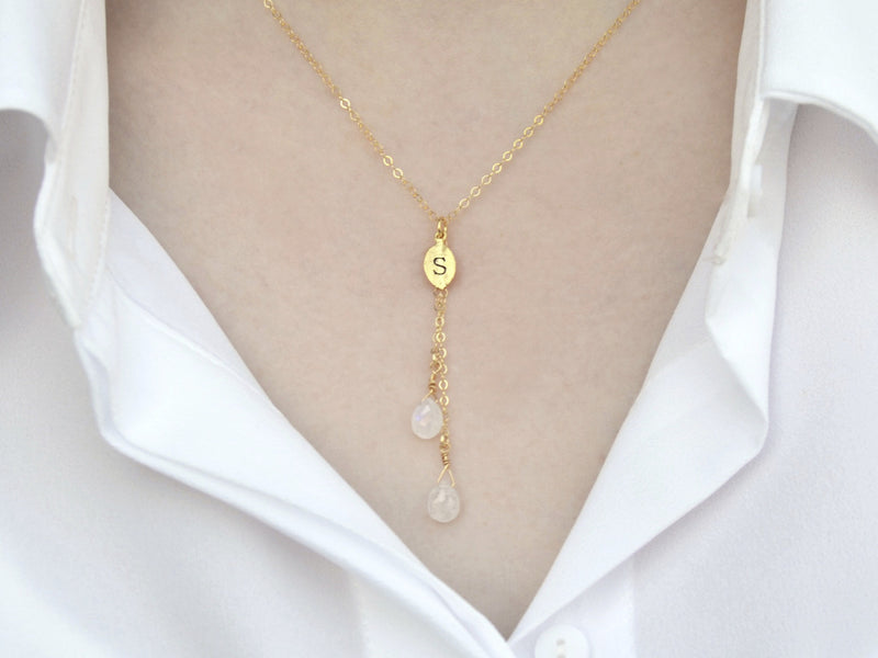 Dainty Personalized Moonstone Drop Necklace with Custom Initial