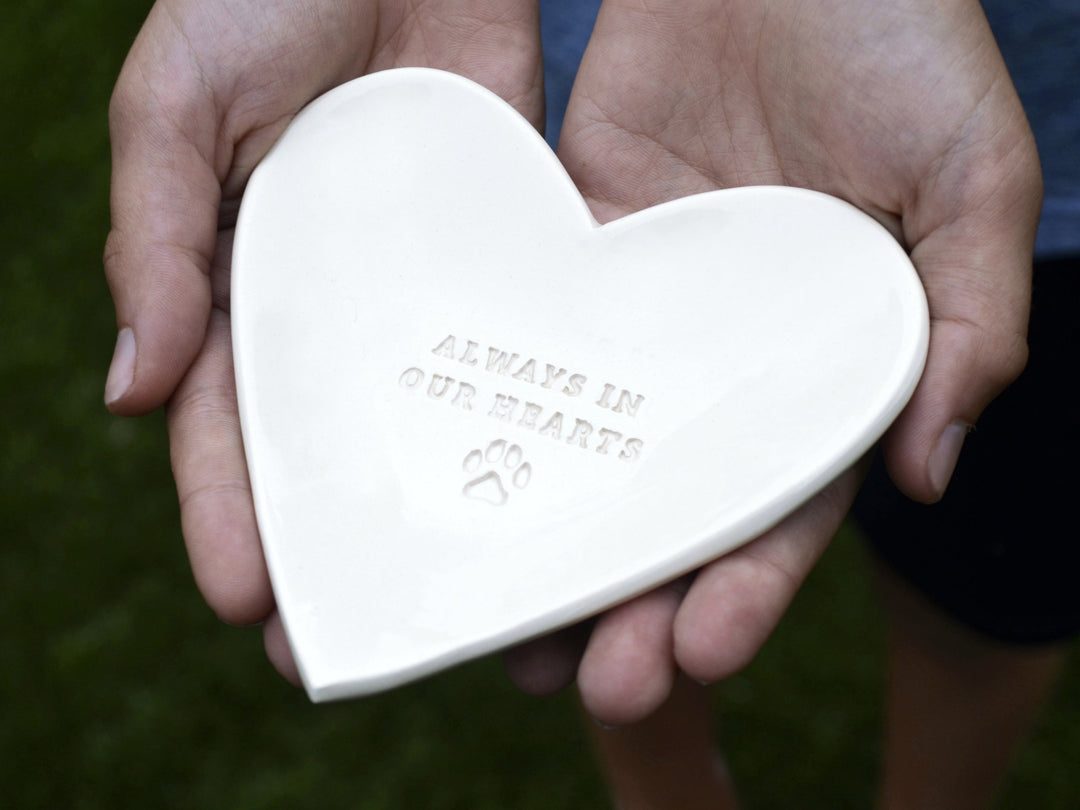 Dog Sympathy Gift - Always in our Hearts - Heart Shaped Bowl with Paw Print - READY TO SHIP